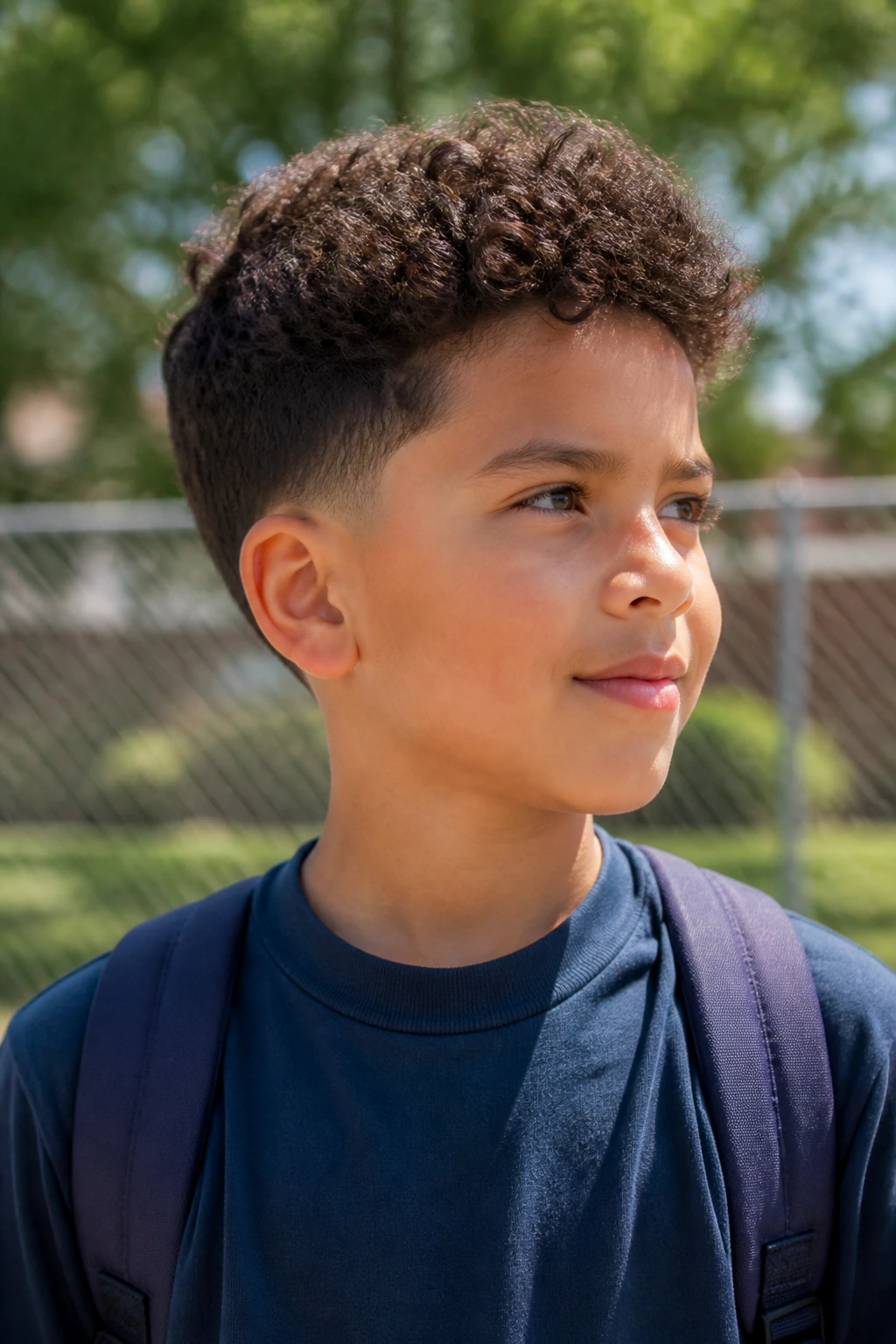 Boy with low taper and medium top hairstyle in an outdoor schoolyard setting