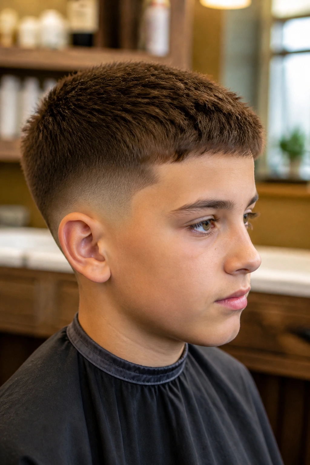 Close-up of a real boy with a low taper crew cut in a barber shop