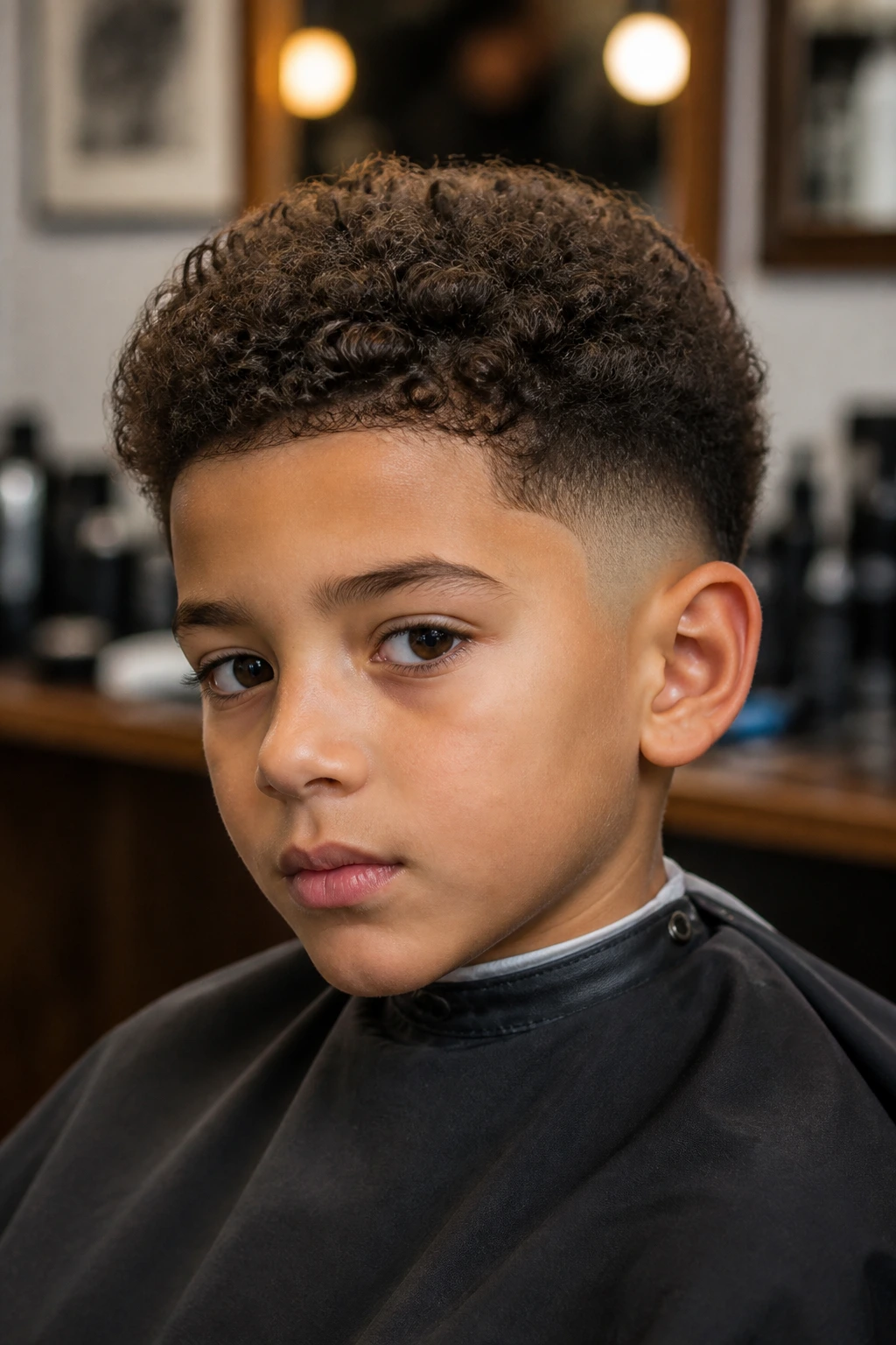 Close-up of a child with a low taper on curly hair in a barbershop chair