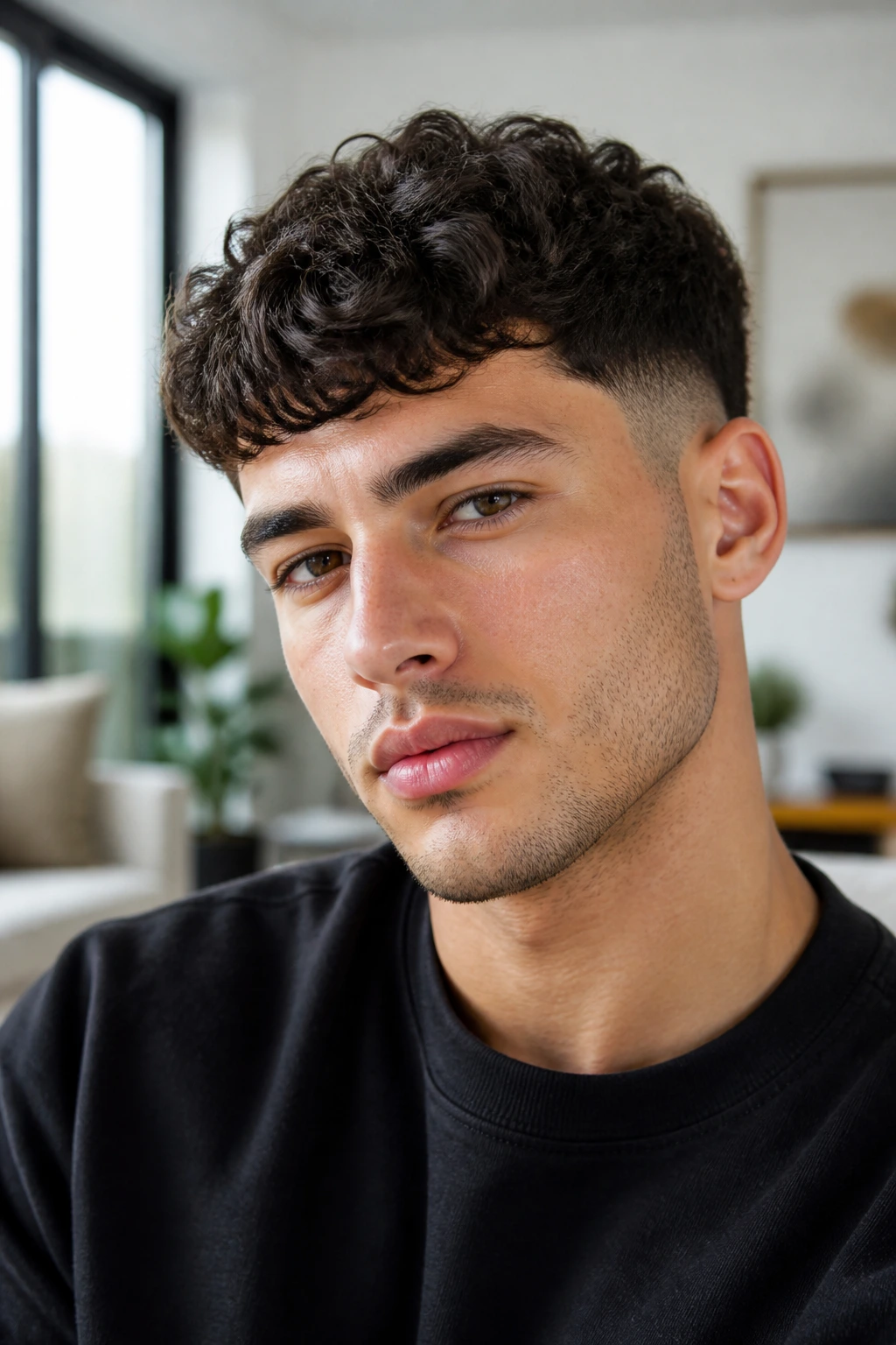 Real man with low taper textured crop in bright living room