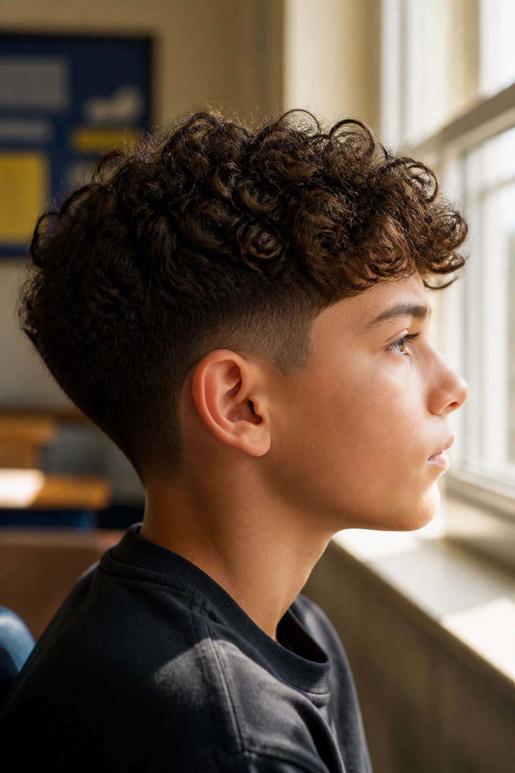 Side-profile of a boy with a low taper and natural curl top in window light