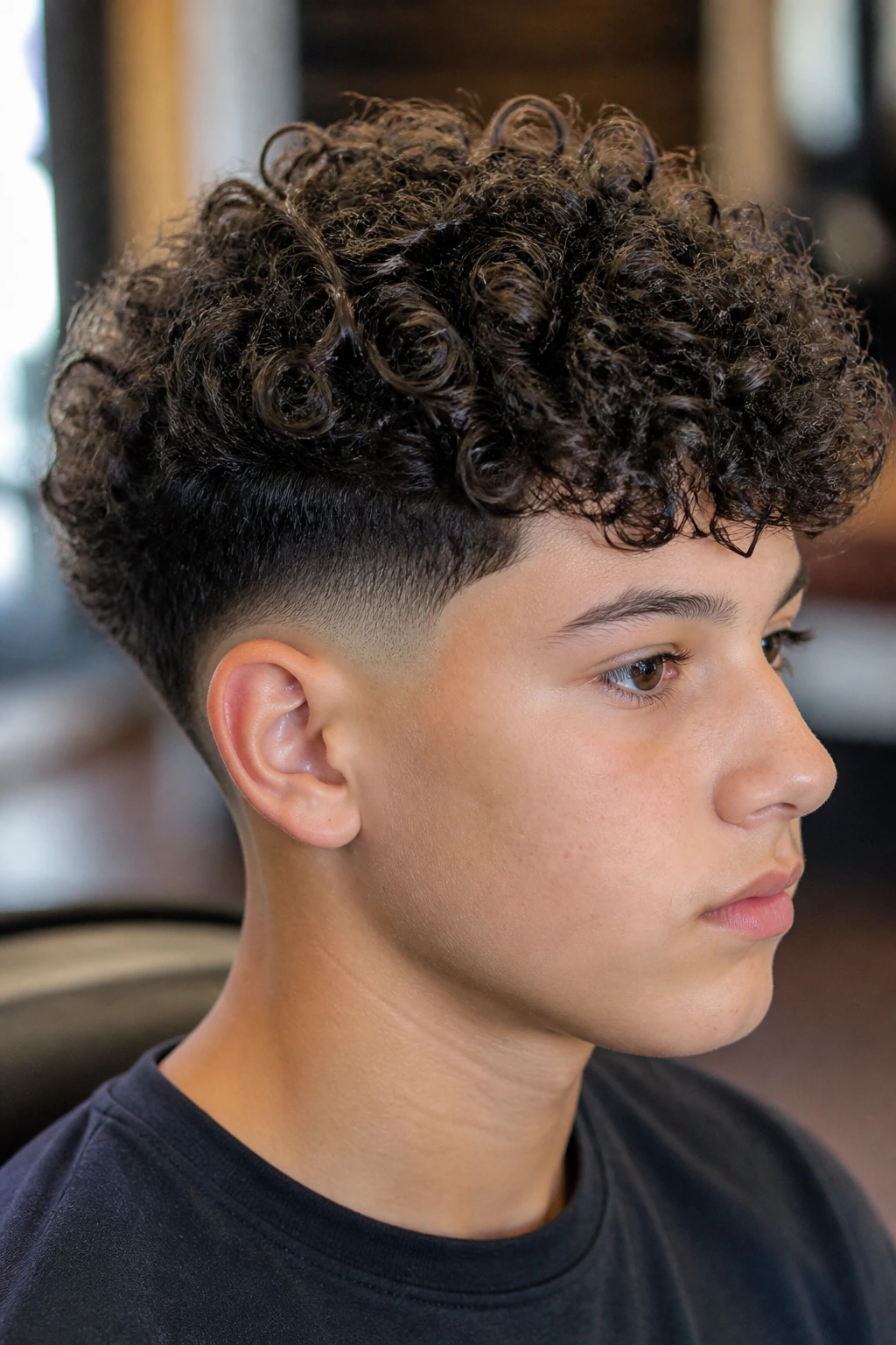 Boy with low taper and soft curly top, close portrait