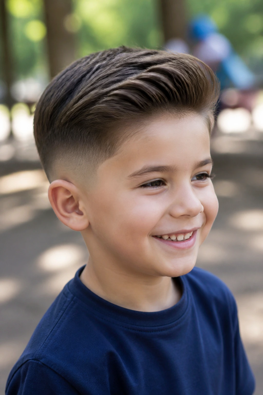 Boy with low taper fade and swept top in a sunny outdoor park