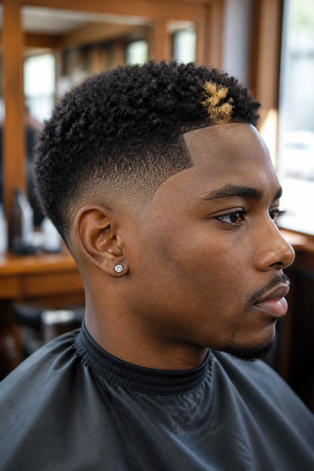 Medium close-up of a man with a low taper fade and blonde money piece at the hairline.