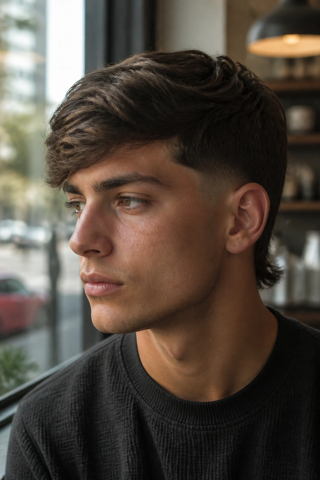 Close-up of a man with low taper fade and swept fringe, fringe 2 inches