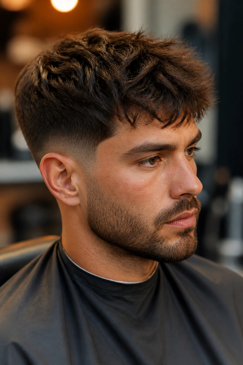 Close-up of man with a low taper fade and textured top.