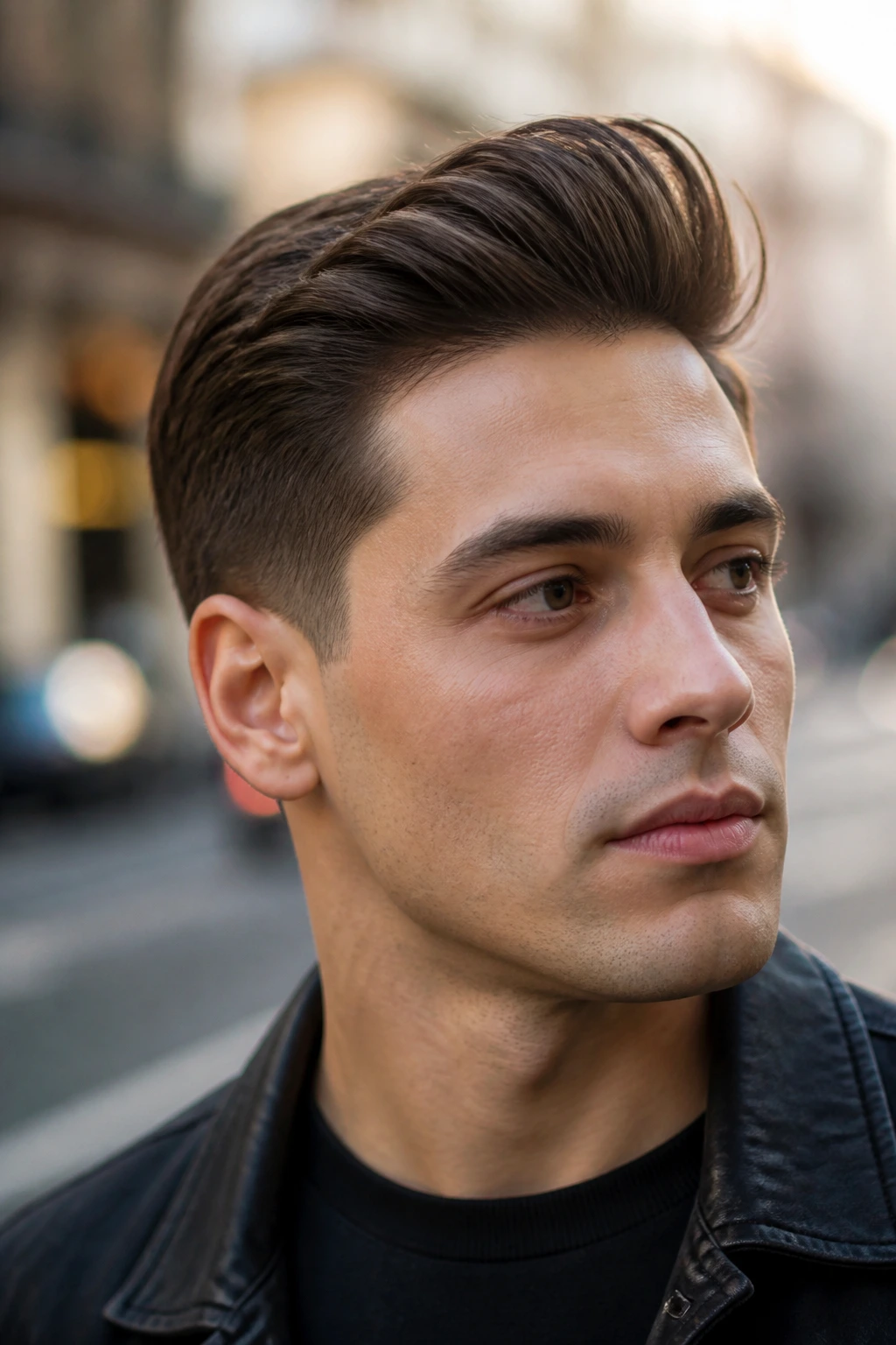 Close-up portrait of a real man with a low taper quiff