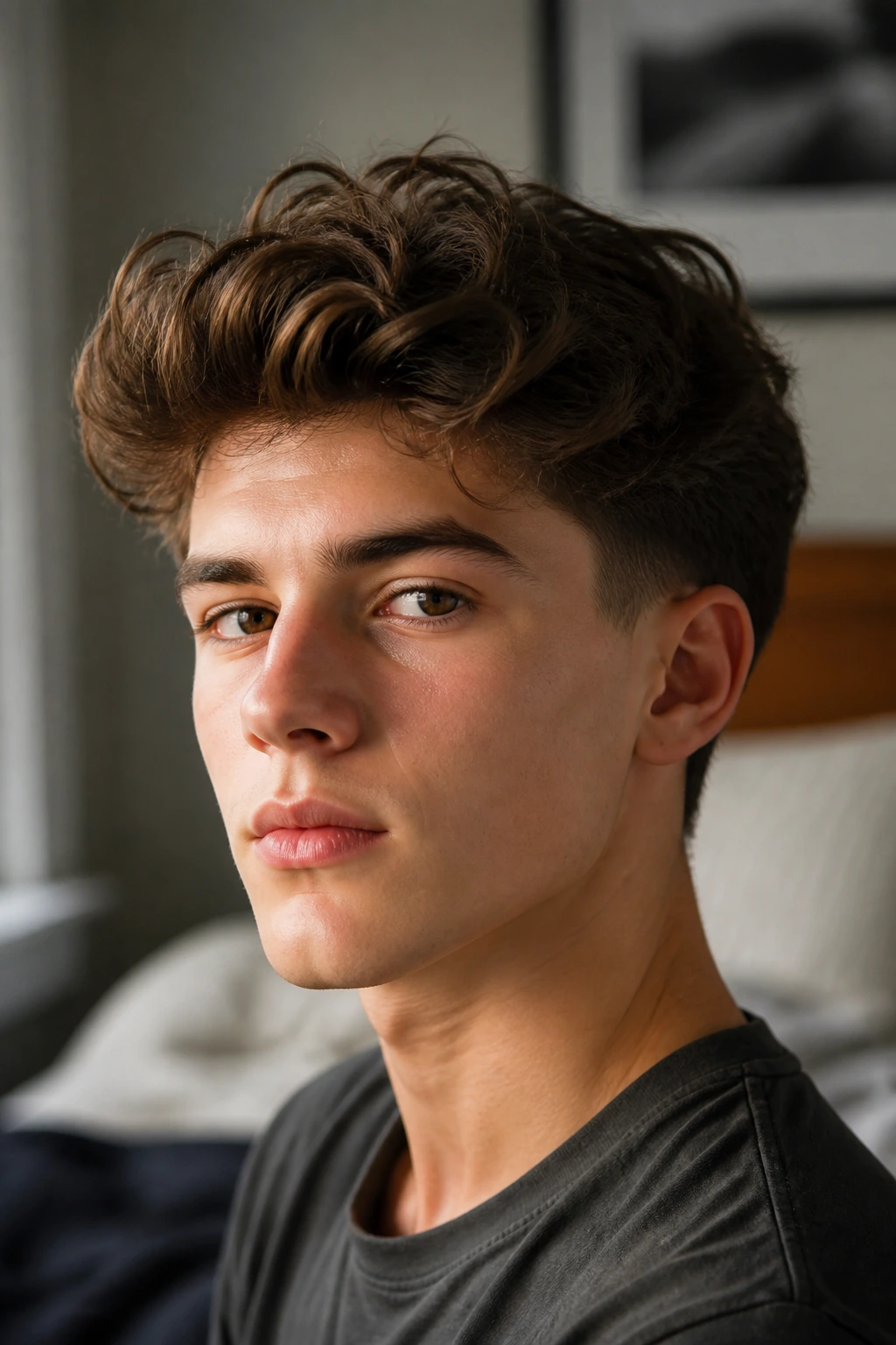 Close-up of a real boy with a low taper quiff and wavy hair in a cozy bedroom