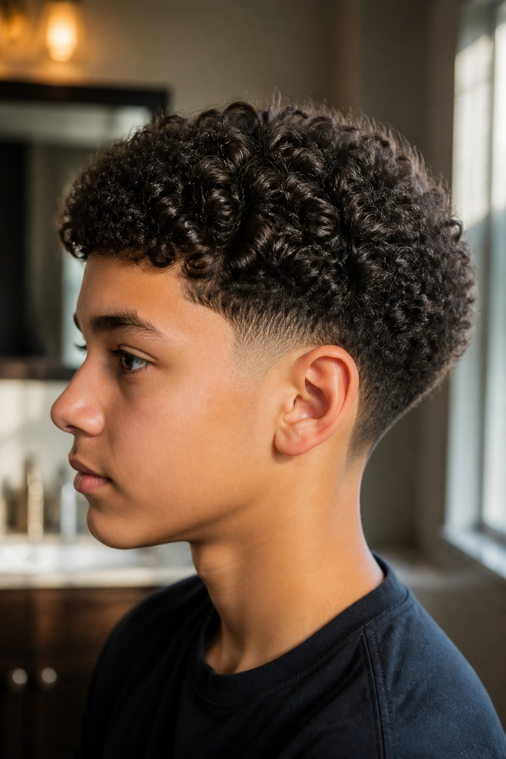 Boy with low taper and rounded curl top, close-up portrait.