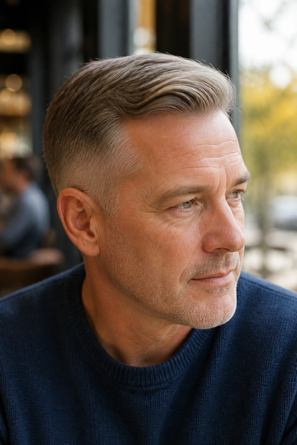 Portrait of man with a soft, natural side part and low taper around ears.