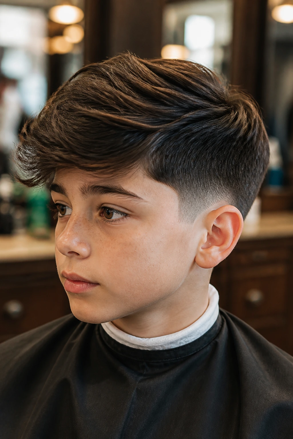 Close-up of a real boy with a low taper side swoop in a barber setting