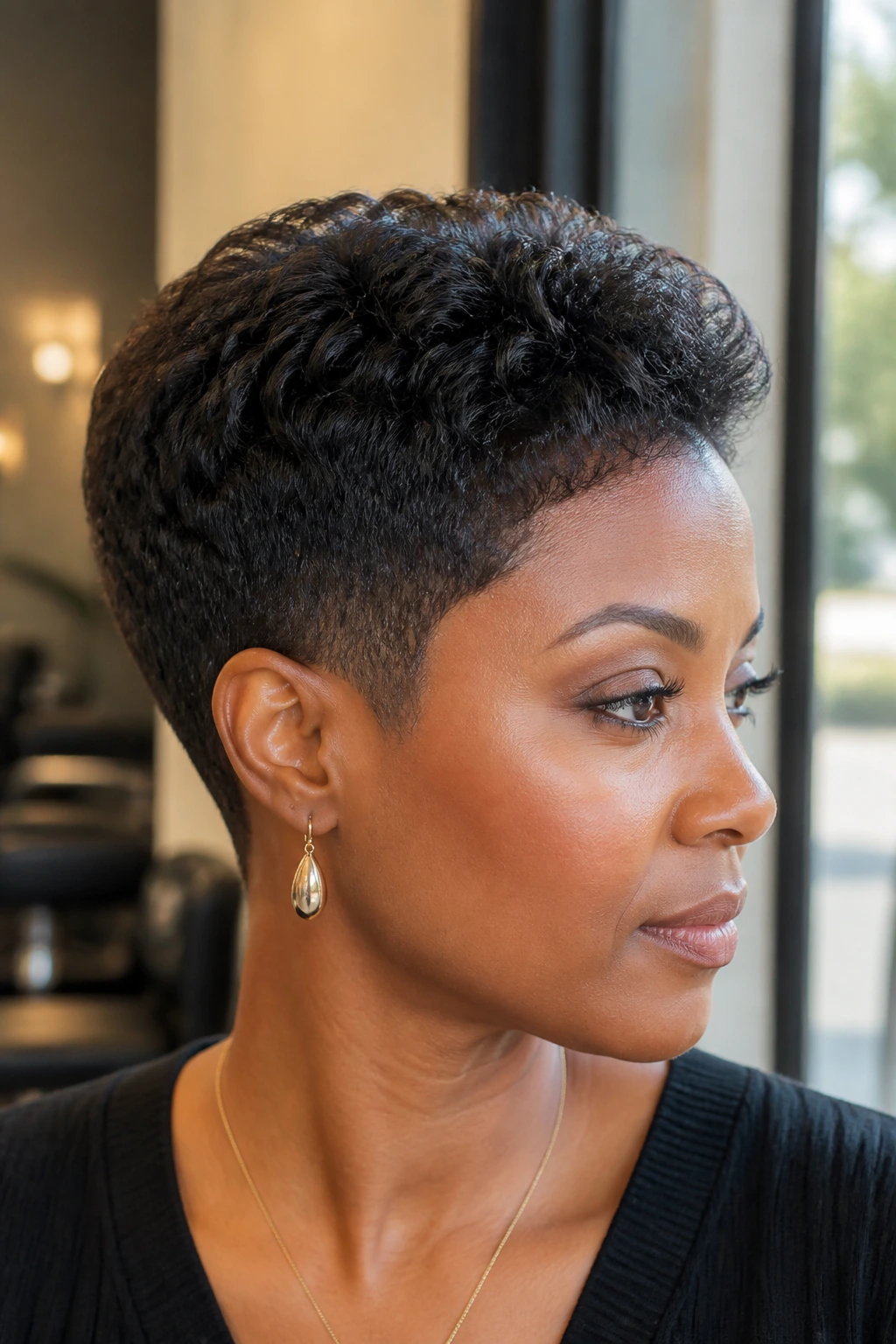 Close-up of Low-Taper Two-Block with Rounded Top on a real Black woman in a softly lit salon.