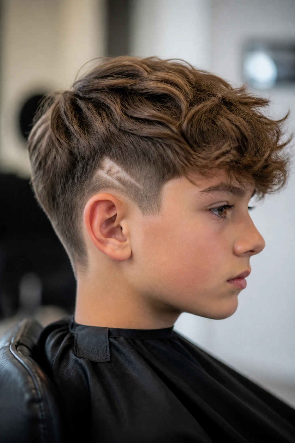 Portrait of a boy showing a low, temple- and behind-the-ear lightning bolt variation in wavy hair