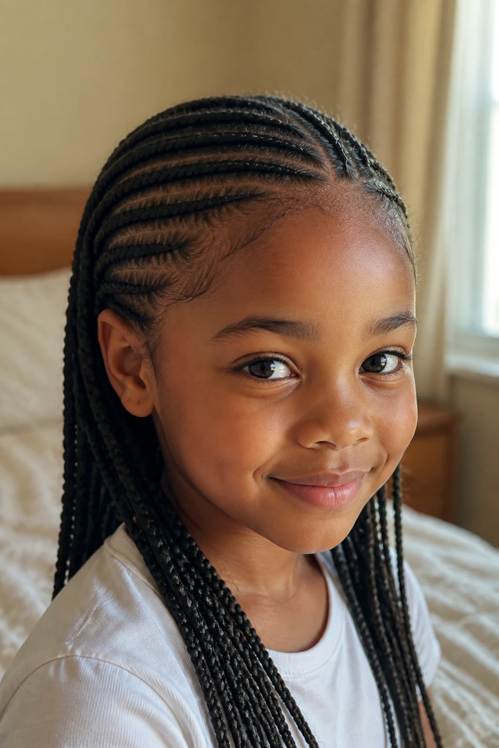 Close-up of a child with low-tension flat braids in a cozy bedroom
