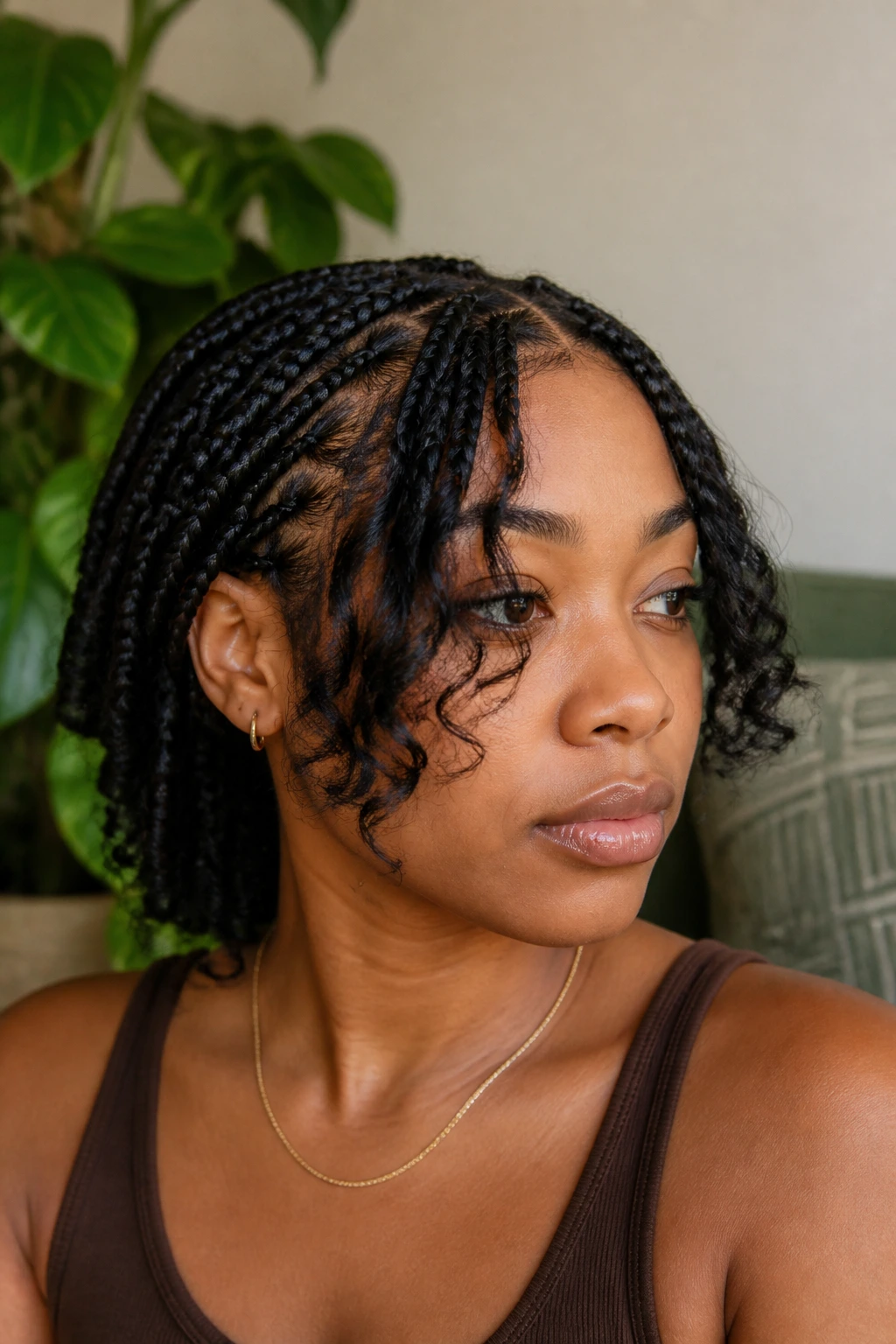 Portrait of a woman showcasing low-tension curtain bangs with a soft part