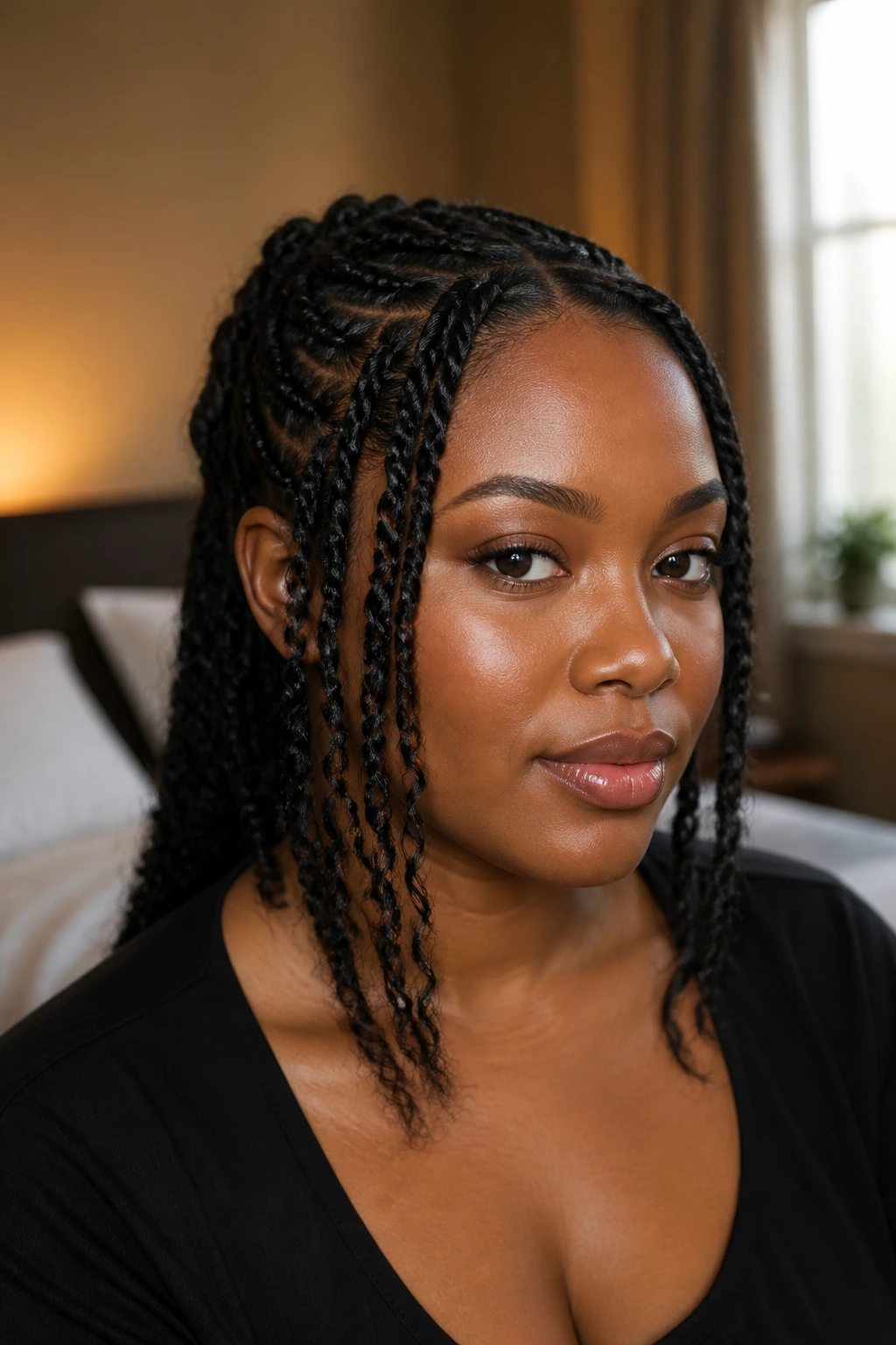 Close-up portrait of a real Black woman with knotless braids in a low-tension edit, warm window light.