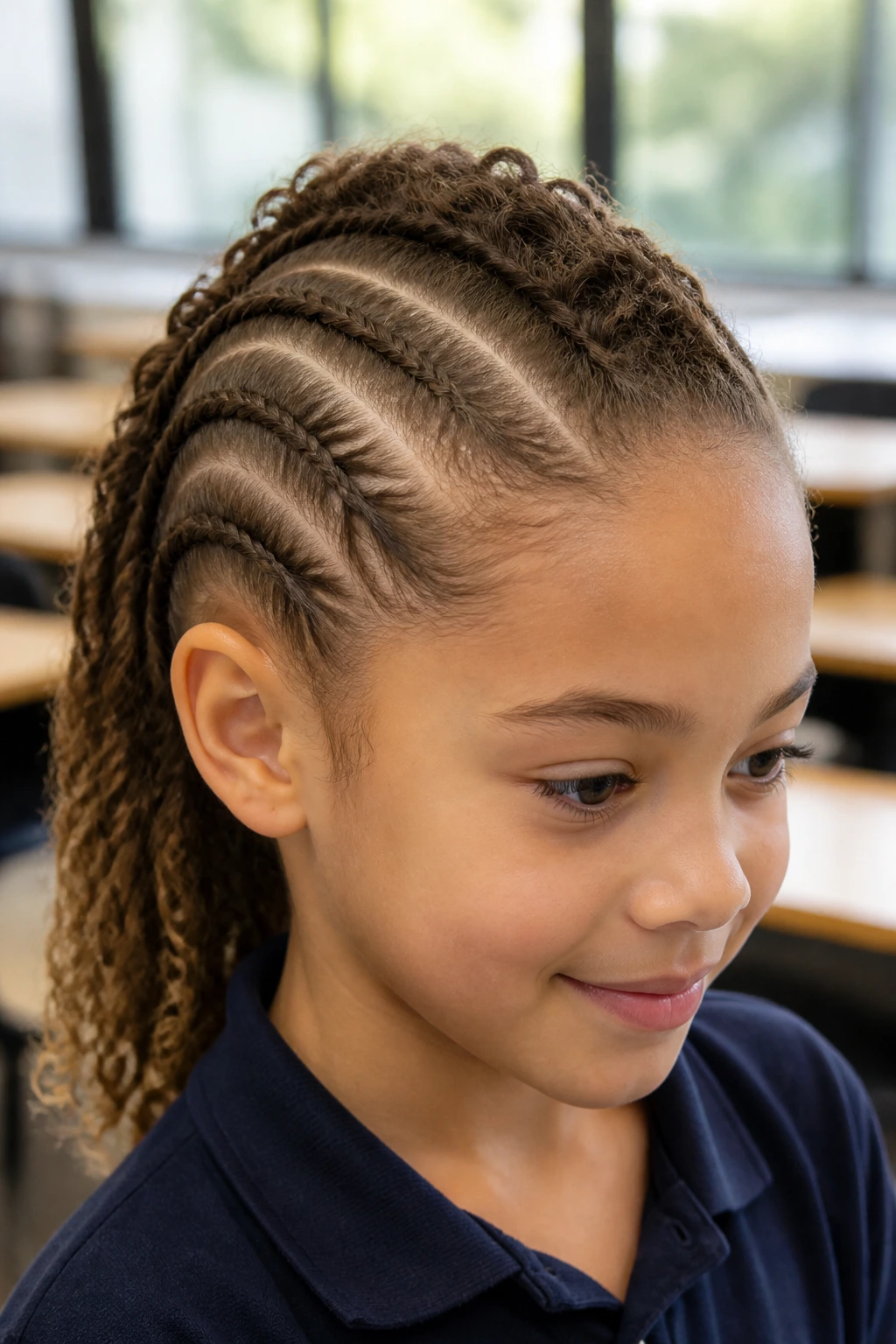 Close-up of a real child with a low-tension mohawk suitable for school.