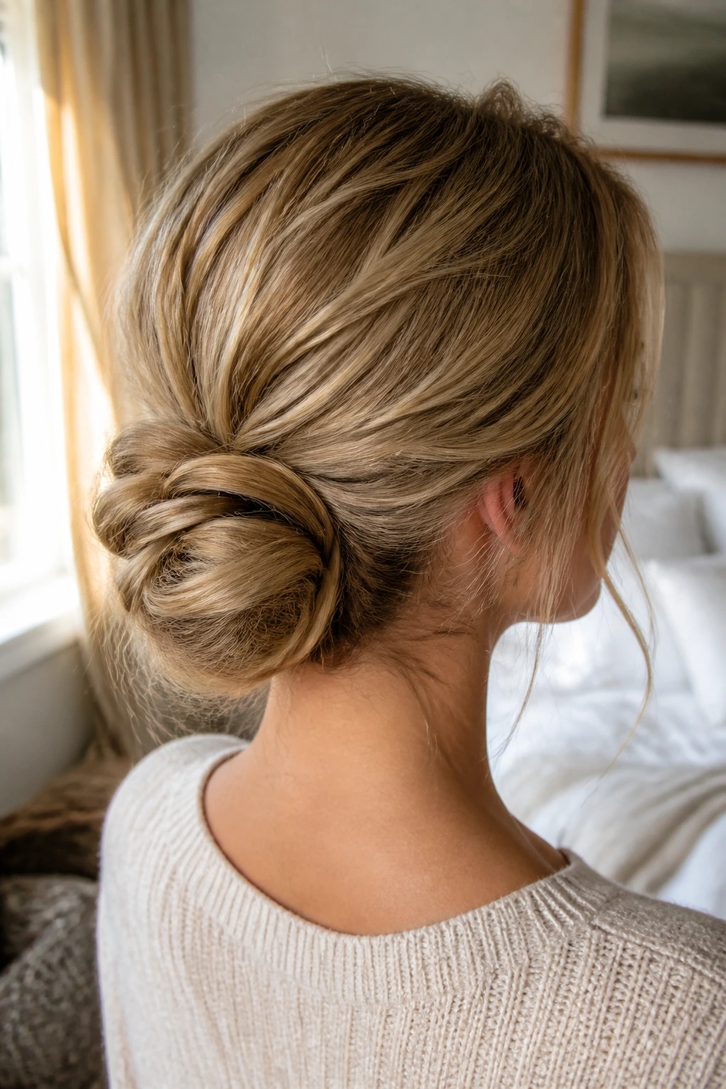 Close-up of a real woman's low textured bun at the nape