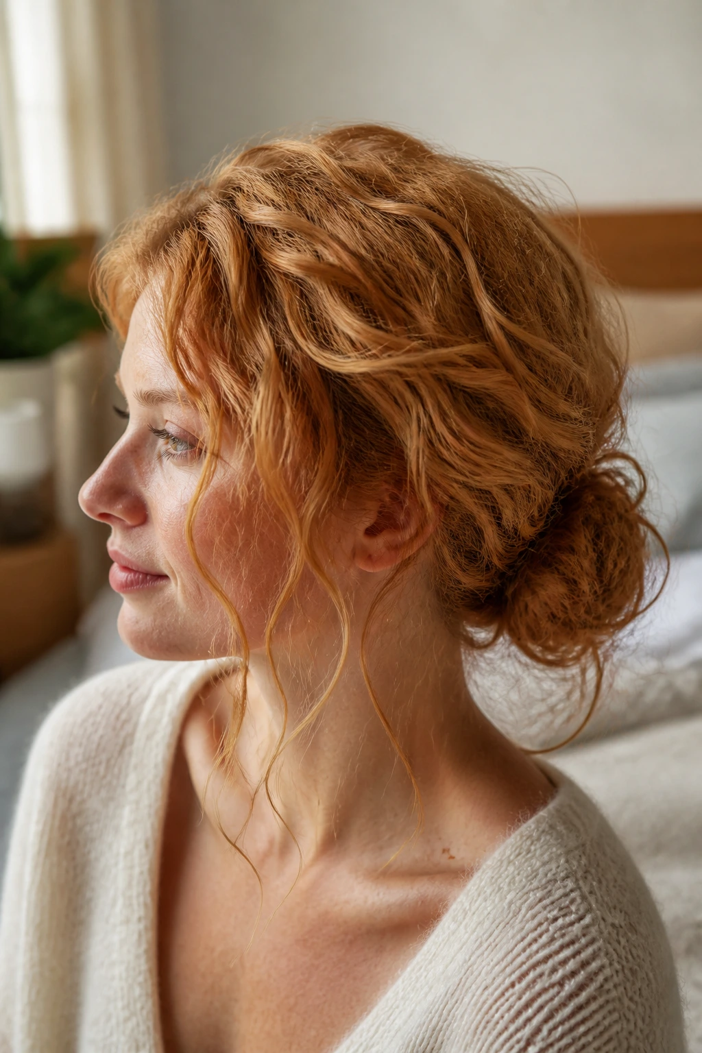 Close-up of a real woman with a low textured chignon and strawberry-blonde curls.