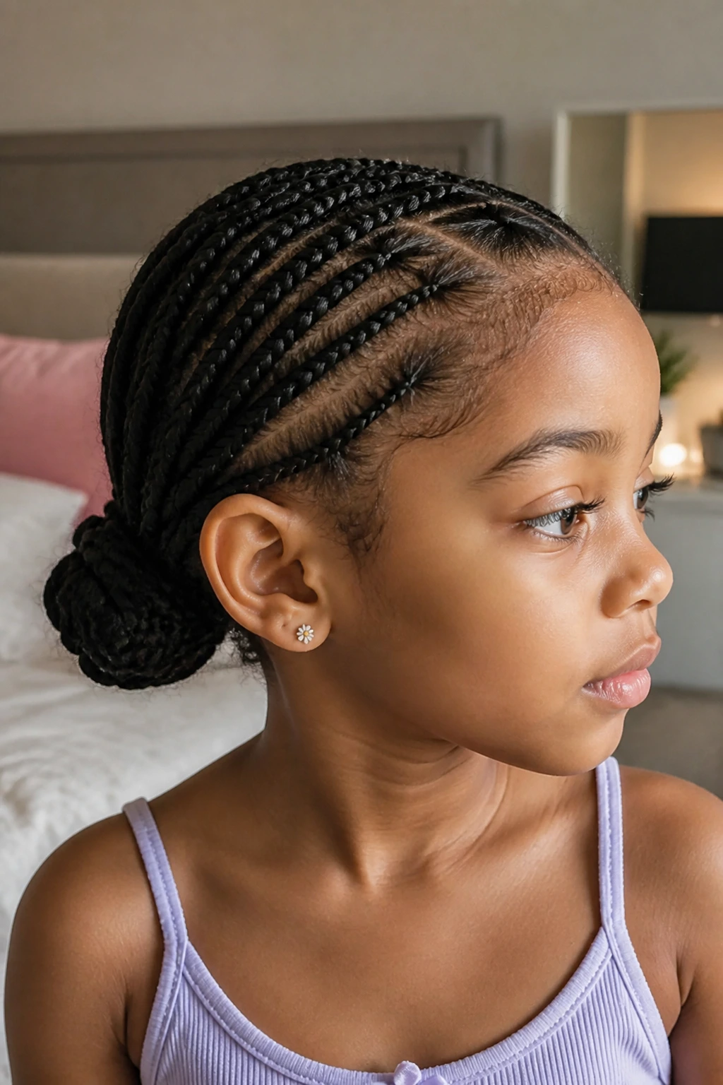 Low tucked knot bun on real child near the nape with rounded knot