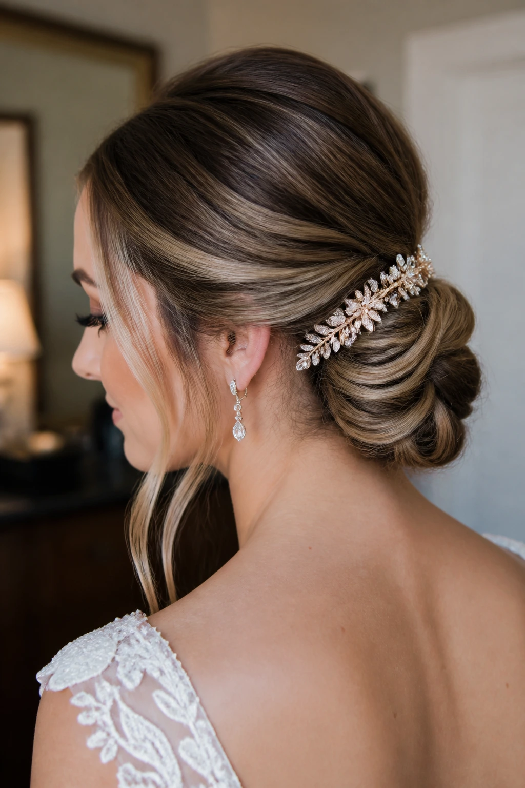 Close-up of a real bride featuring a low twist bun with a decorative comb