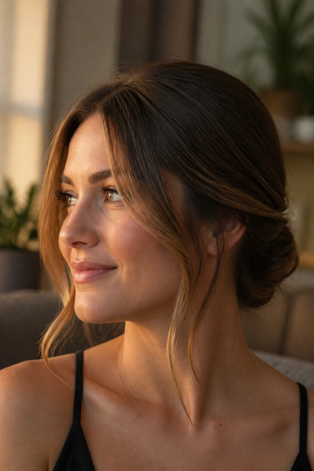 Close-up portrait of a real woman with a low twist hairstyle and face-framing pieces.