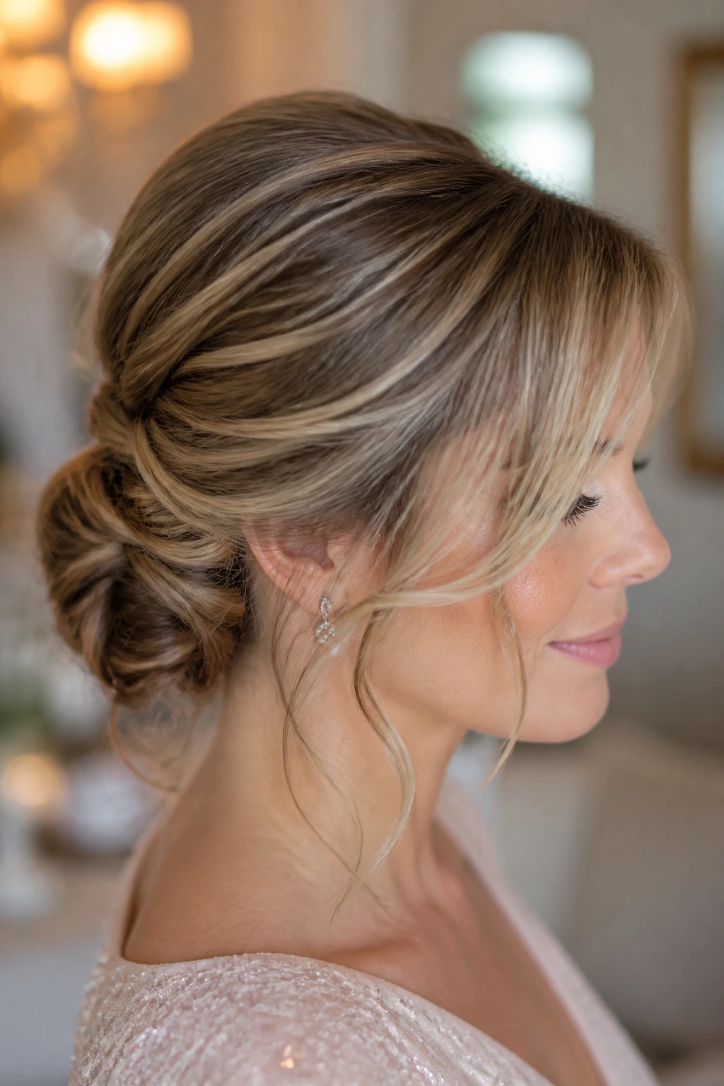 Medium close-up of a real woman with a low twisted bun and face-framing bangs