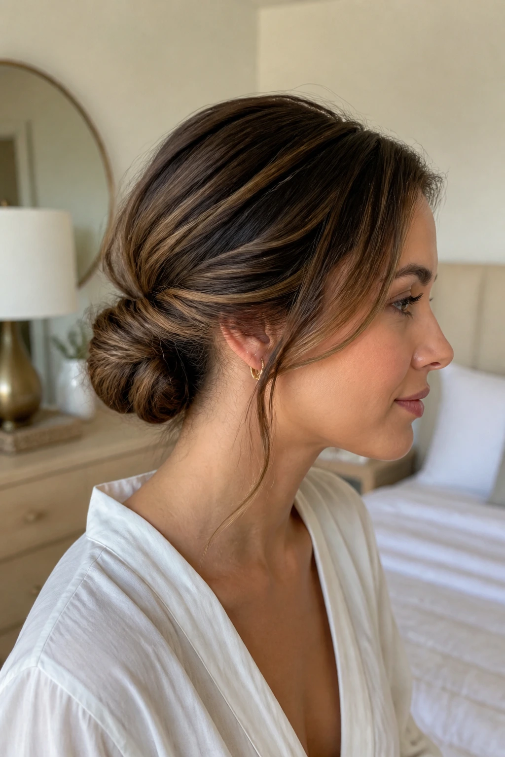 Close-up portrait of a real woman with a low twisted bun in a chic, sunlit bedroom.
