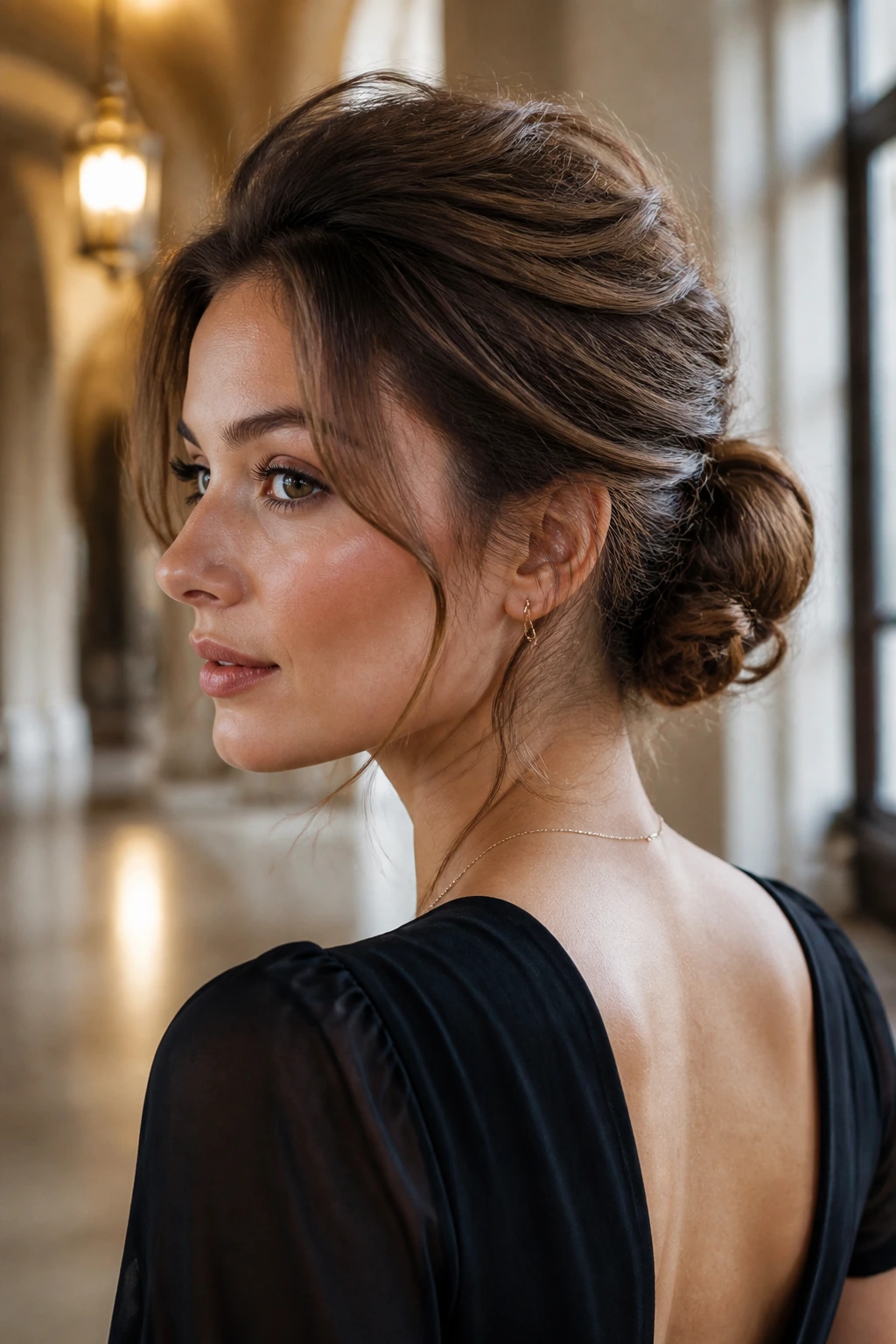 Close-up of a real woman with a low twisted bun and crown height
