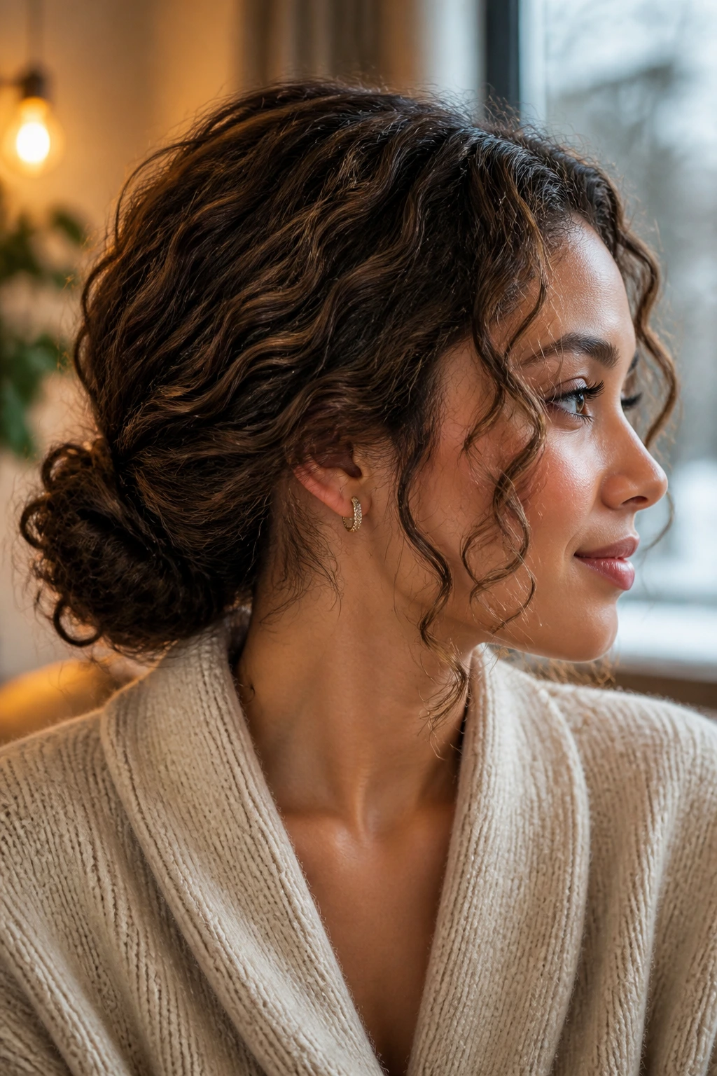 Close-up of a woman with a low twisted bun and face-framing curls