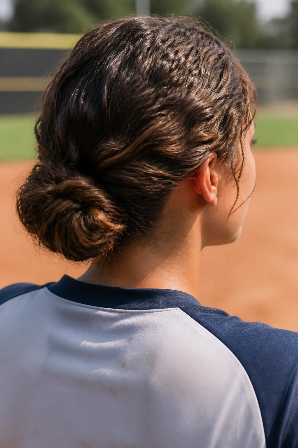Back/side view of a player with a low twisted bun at the nape