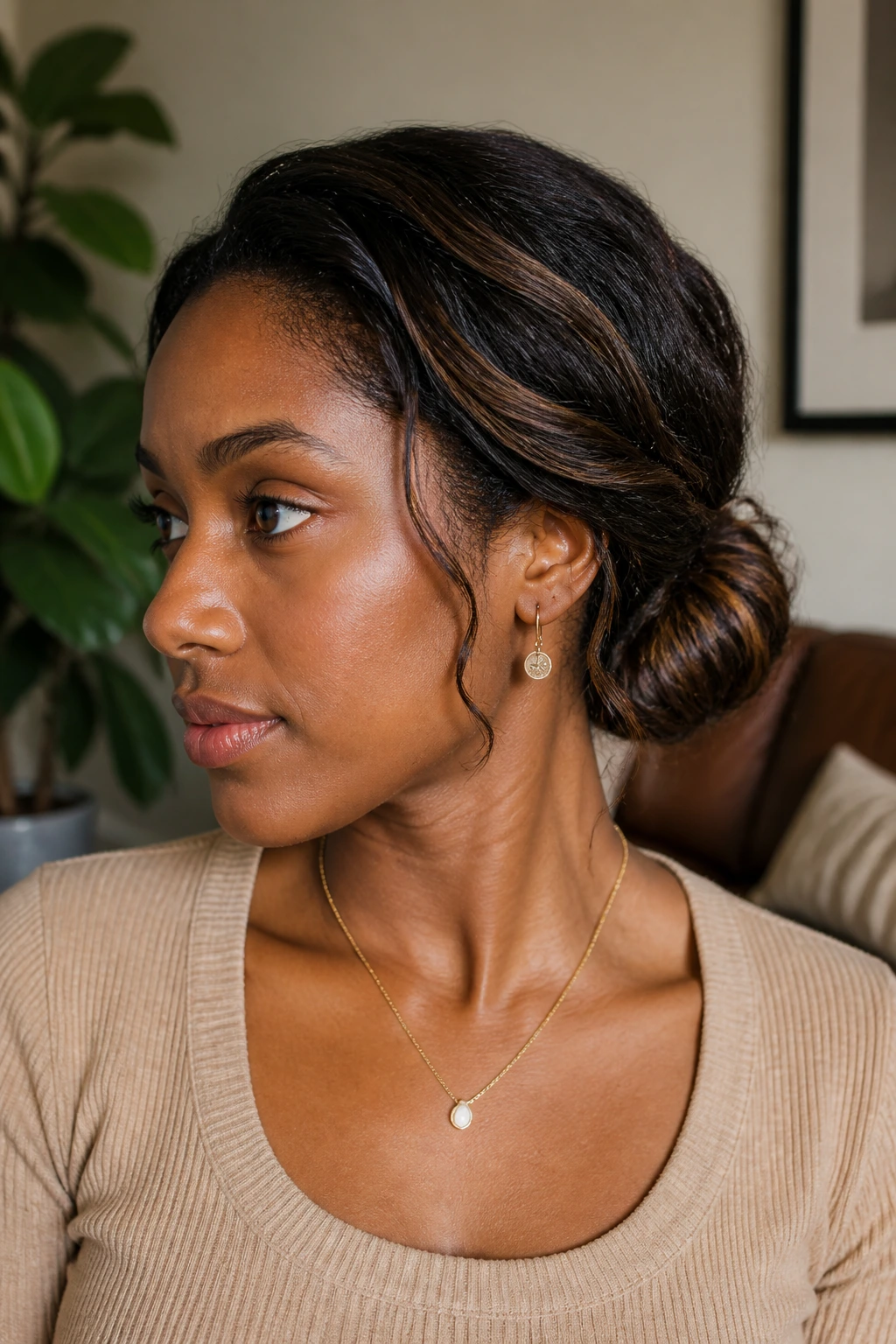 Close-up of a real woman with a low twisted bun and peekaboo babylights