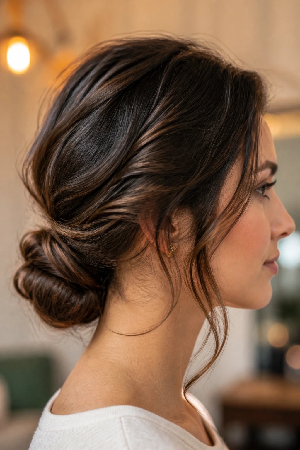 Portrait of a real woman with a low twisted bun at the nape, side view