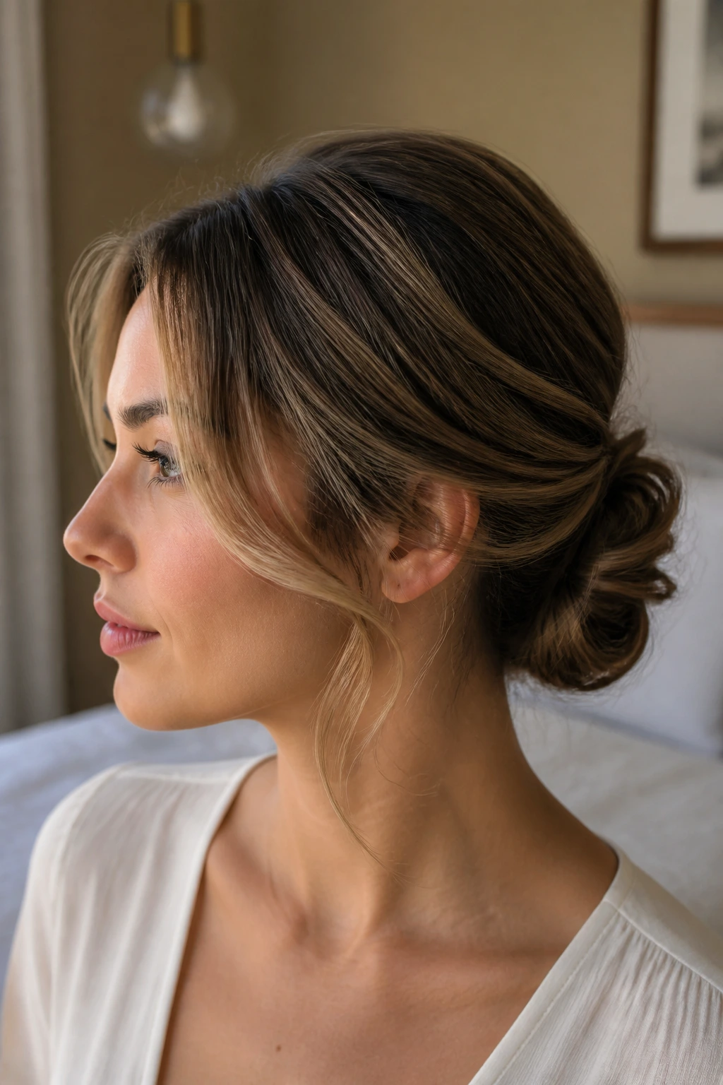 Close-up of a woman with a low twisted chignon and soft front pieces framing the face.