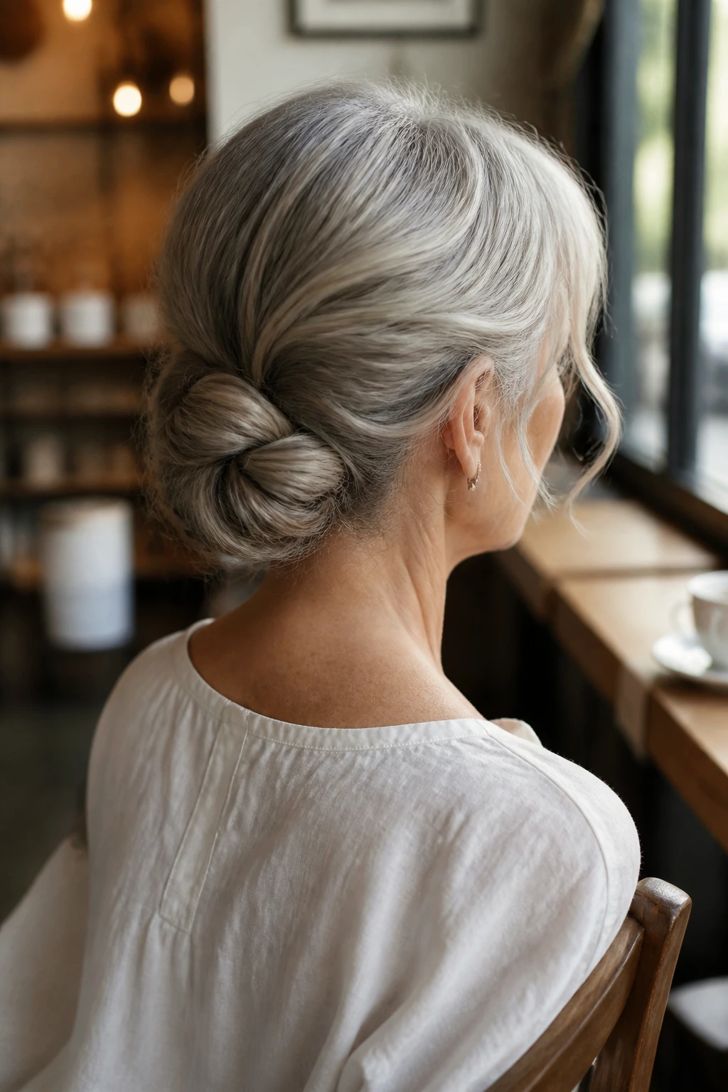 Rear view of a real woman wearing a low twisted chignon at the nape in warm light