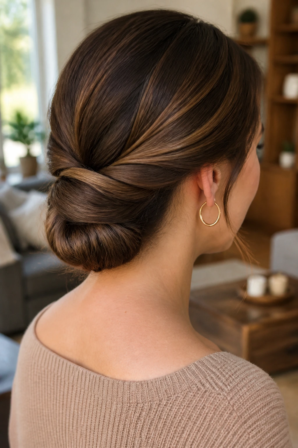 Close-up of a real woman with a low twisted chignon at the nape showing rich lowlights