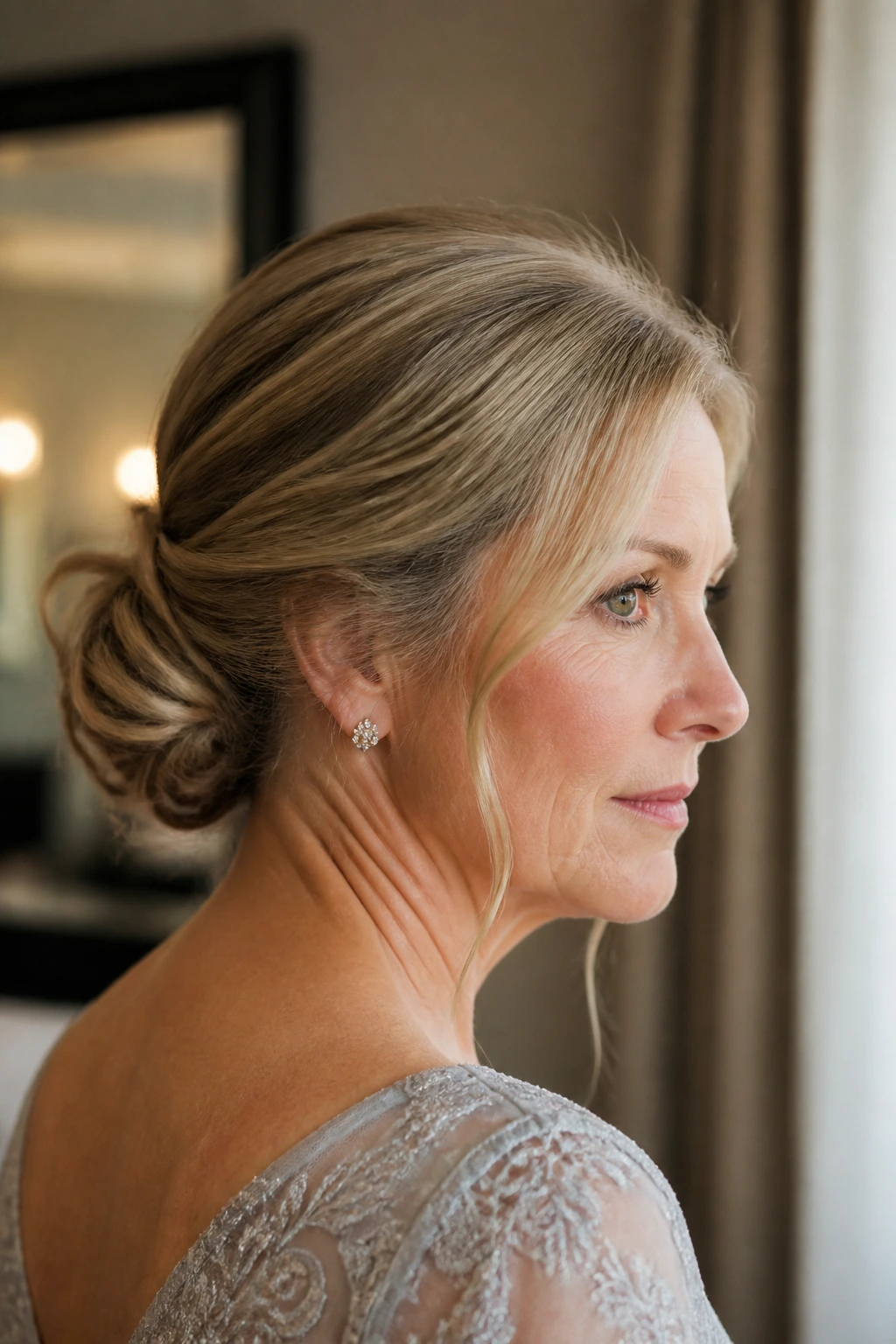 Close-up of a real woman with a low twisted chignon and wispy temple strands.