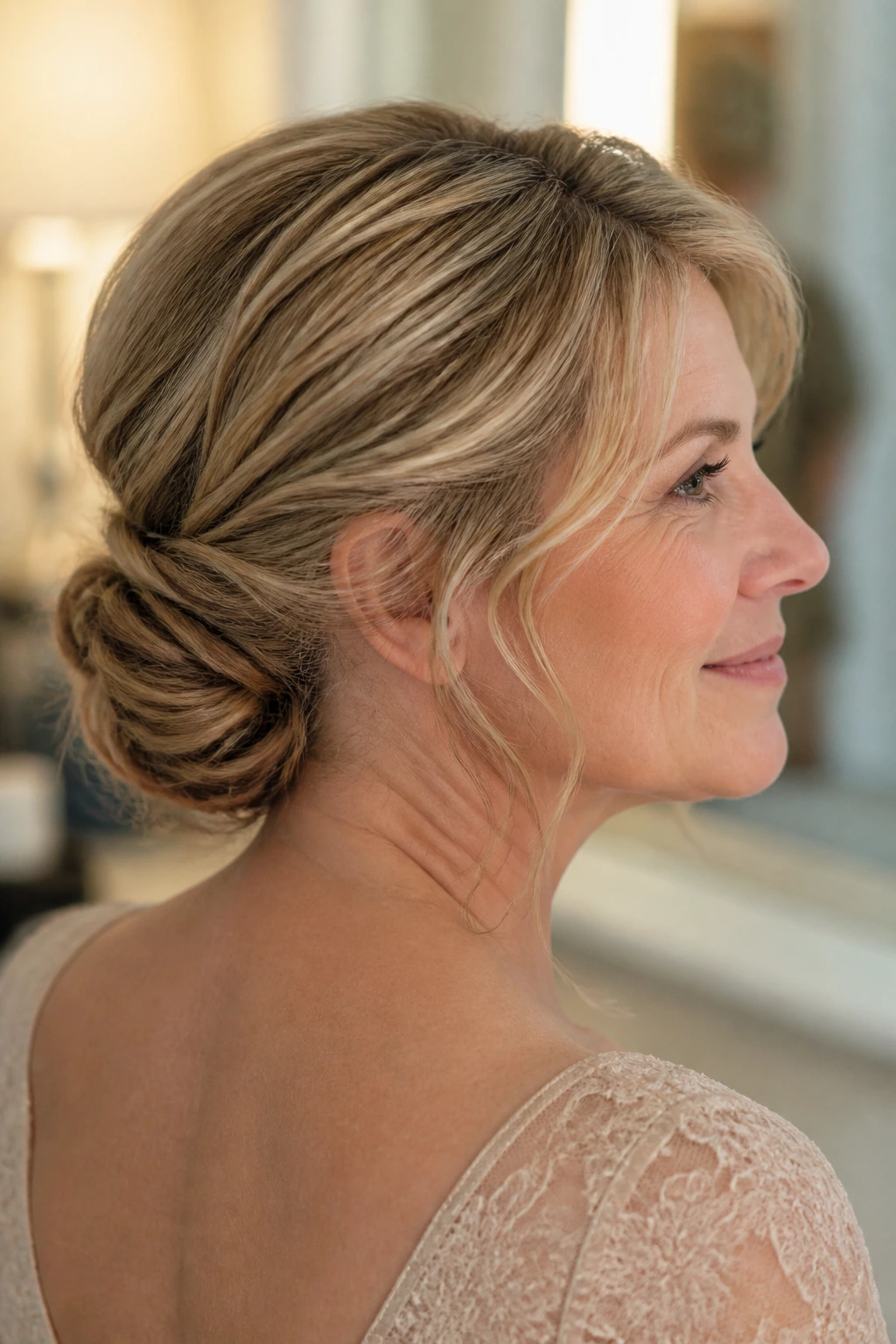 Close-up of a real woman with a low twisted chignon and wispy temple strands