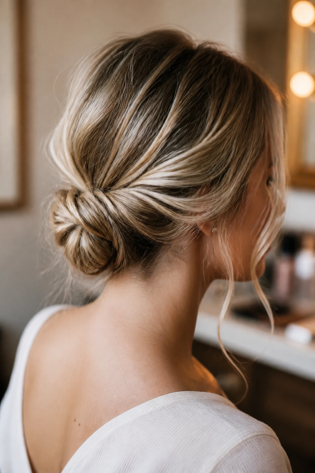 Close-up of a real woman with a low nape knot and money piece highlights framing the face