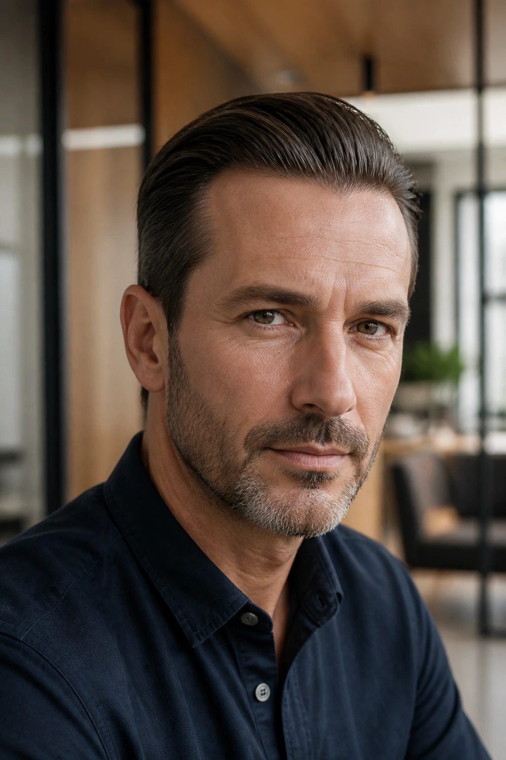 Man with low-volume slick back hairstyle in office setting