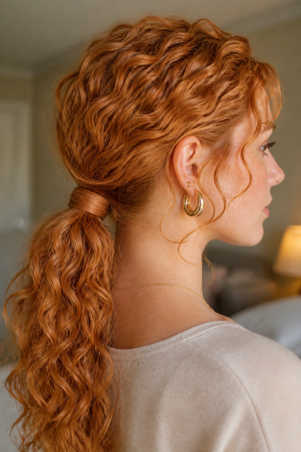 Close-up of a woman with a low wrapped ponytail on strawberry blonde curls