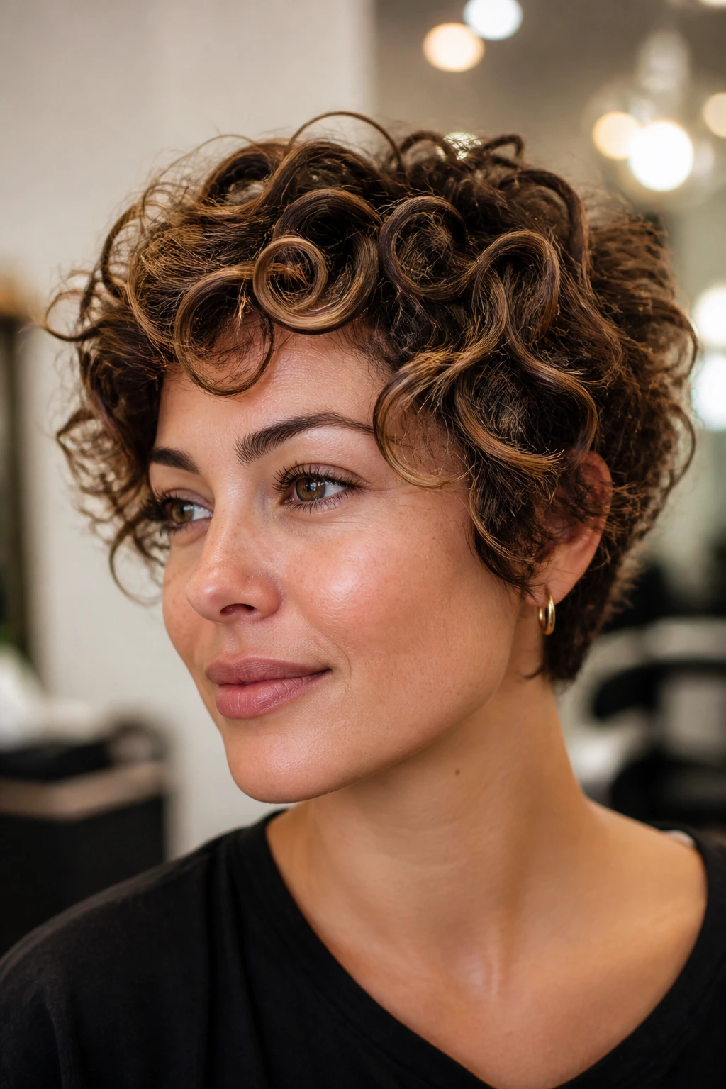 Close-up of short curls with varied lowlight shades on a real person