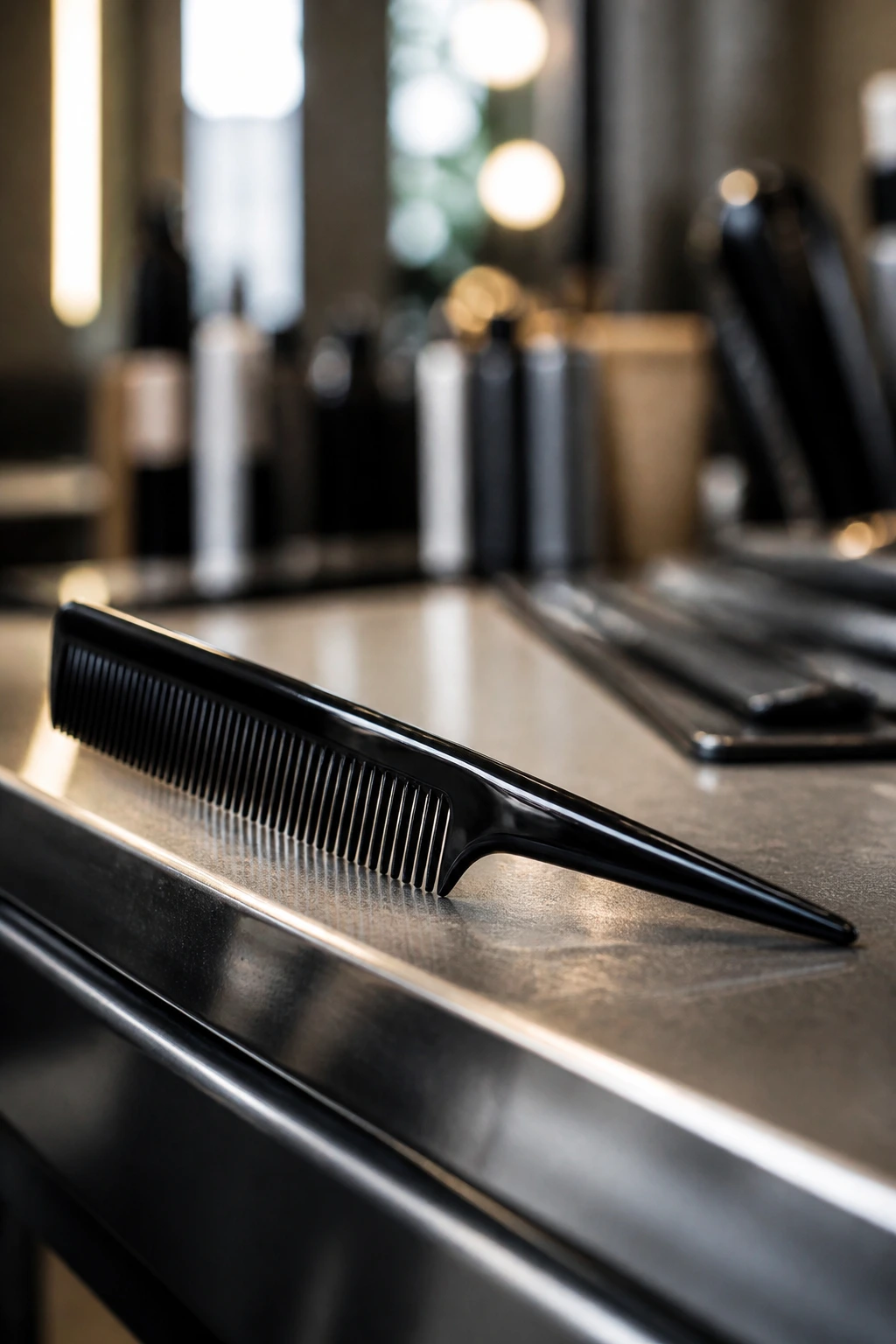 Close-up of a tail comb at a salon station illustrating tools for lowlights
