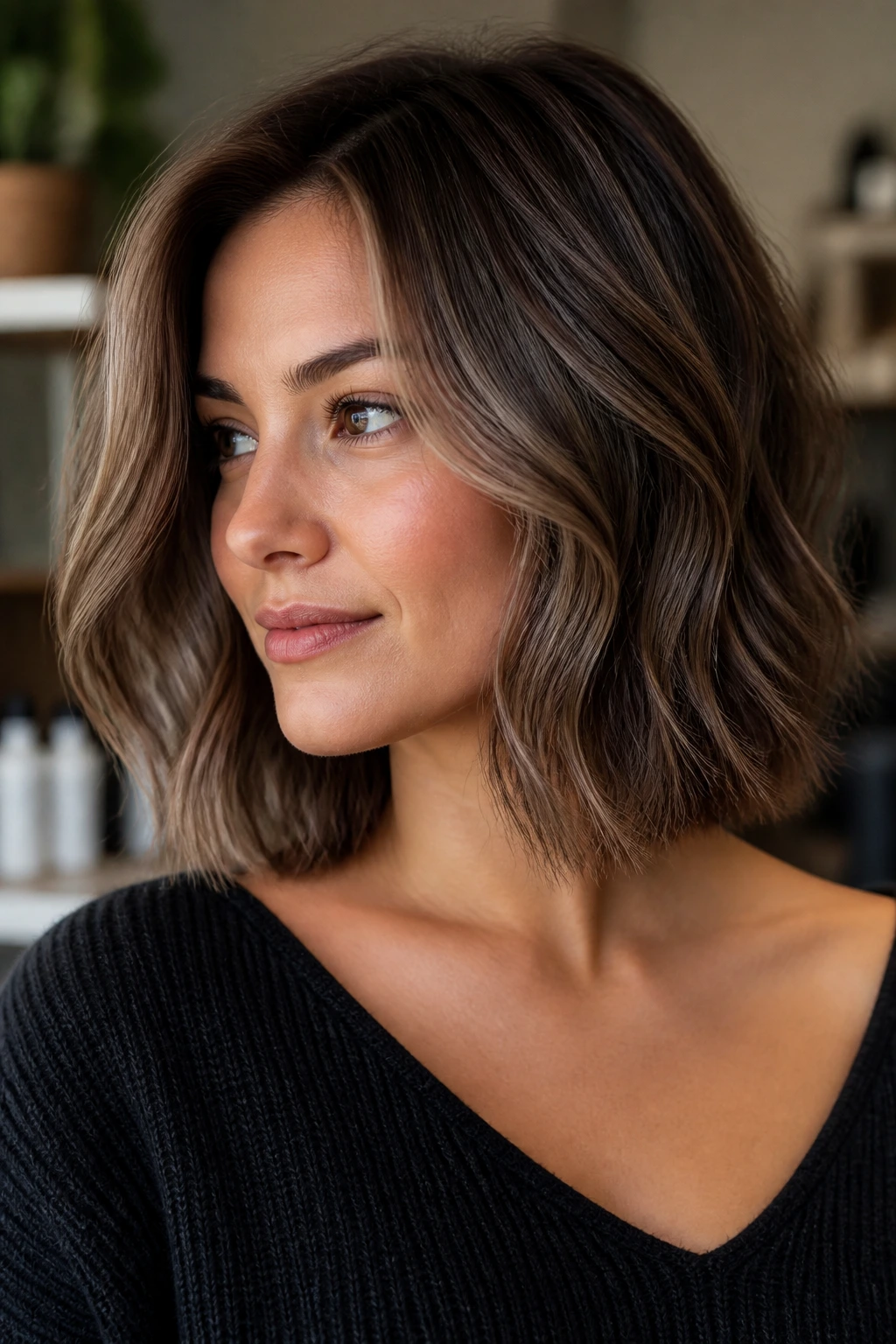 Portrait of a real person with subtle lowlights adding depth to base color