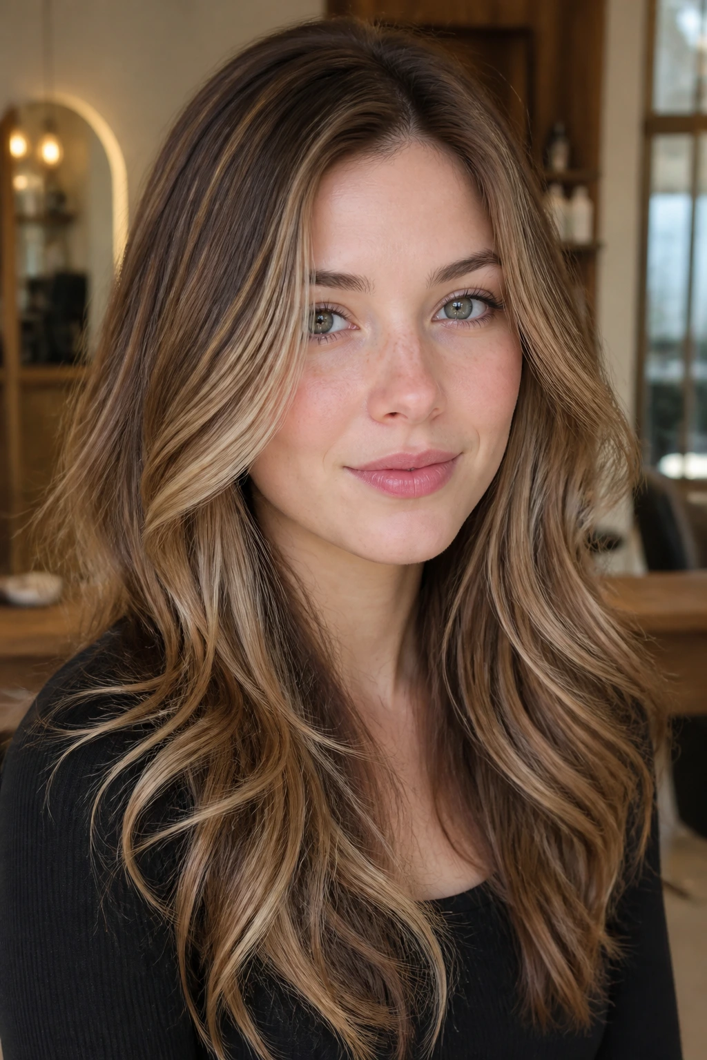 Close-up portrait of a real woman with fawn lowlights and beige highlights in hair