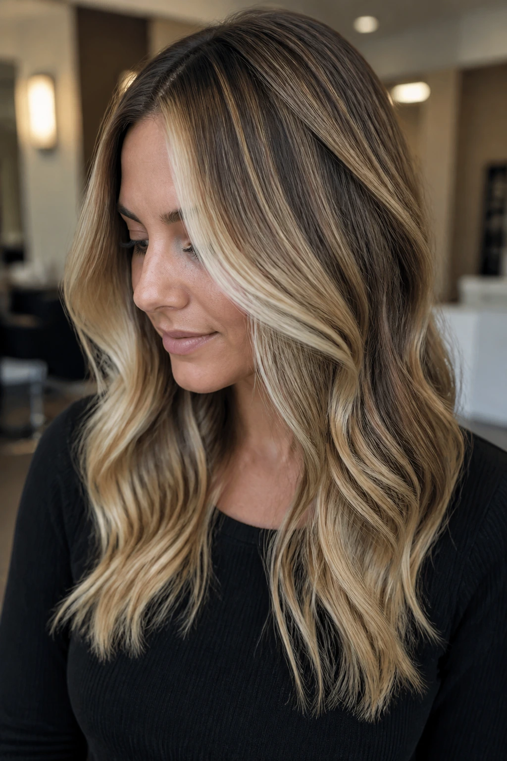 Close-up portrait illustrating depth from lowlights in a blonde transformation on a real person.