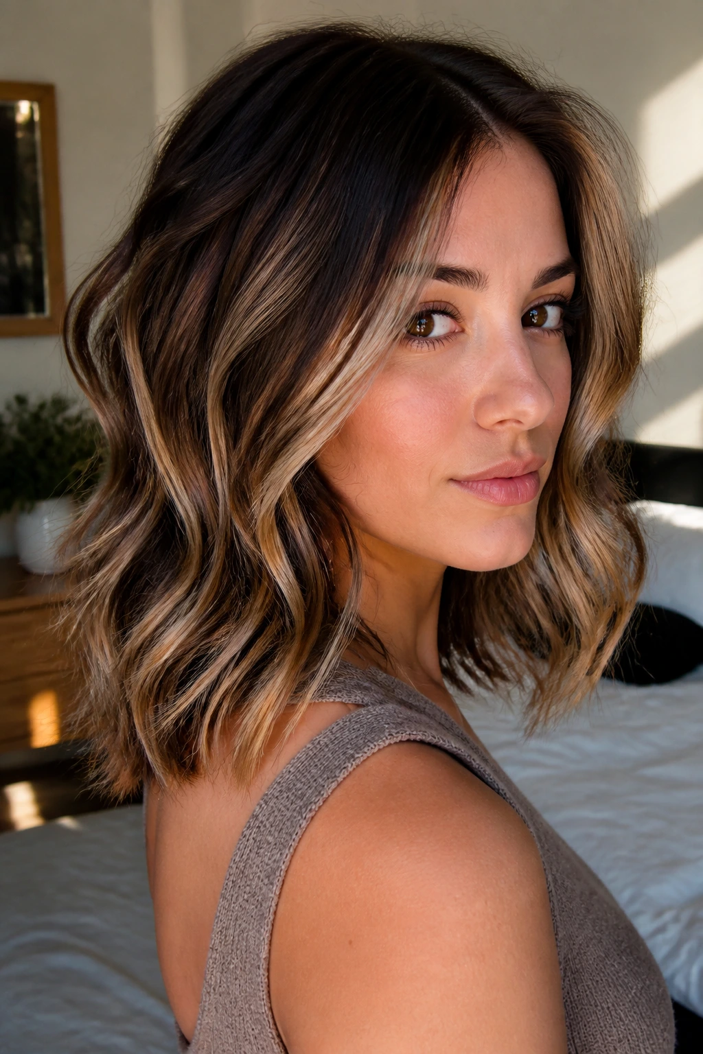 Close-up of brunette hair with blonde lowlights for dimensional depth.