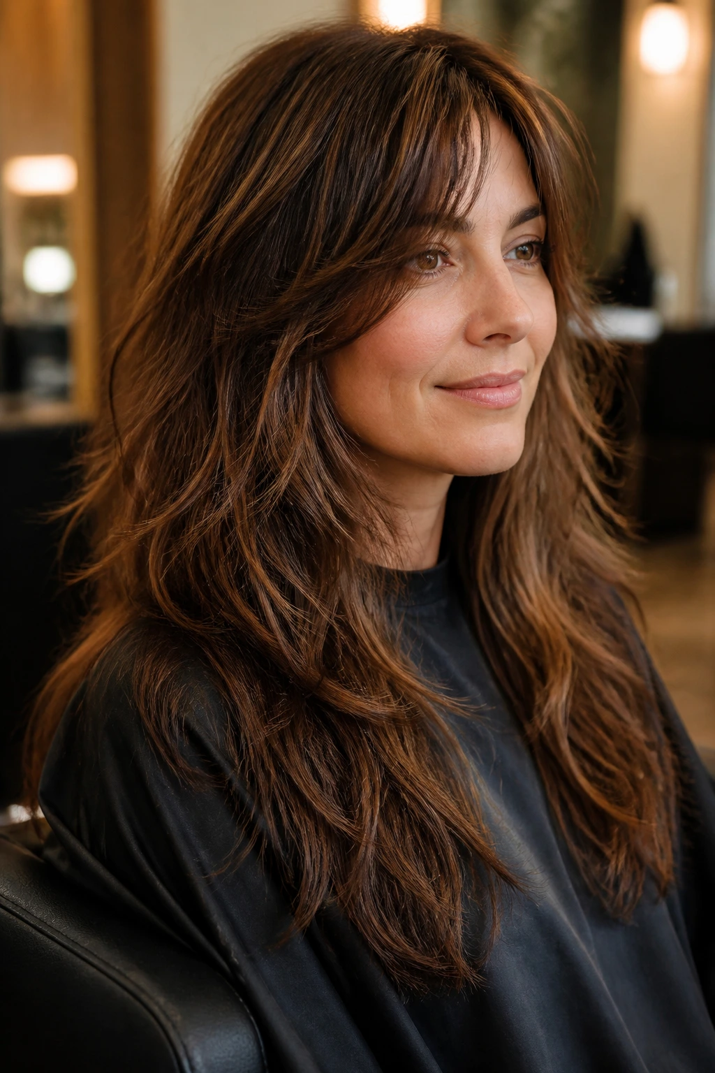 Portrait of a real woman with thick shaggy hair and lowlights in a salon chair, showing depth and shine