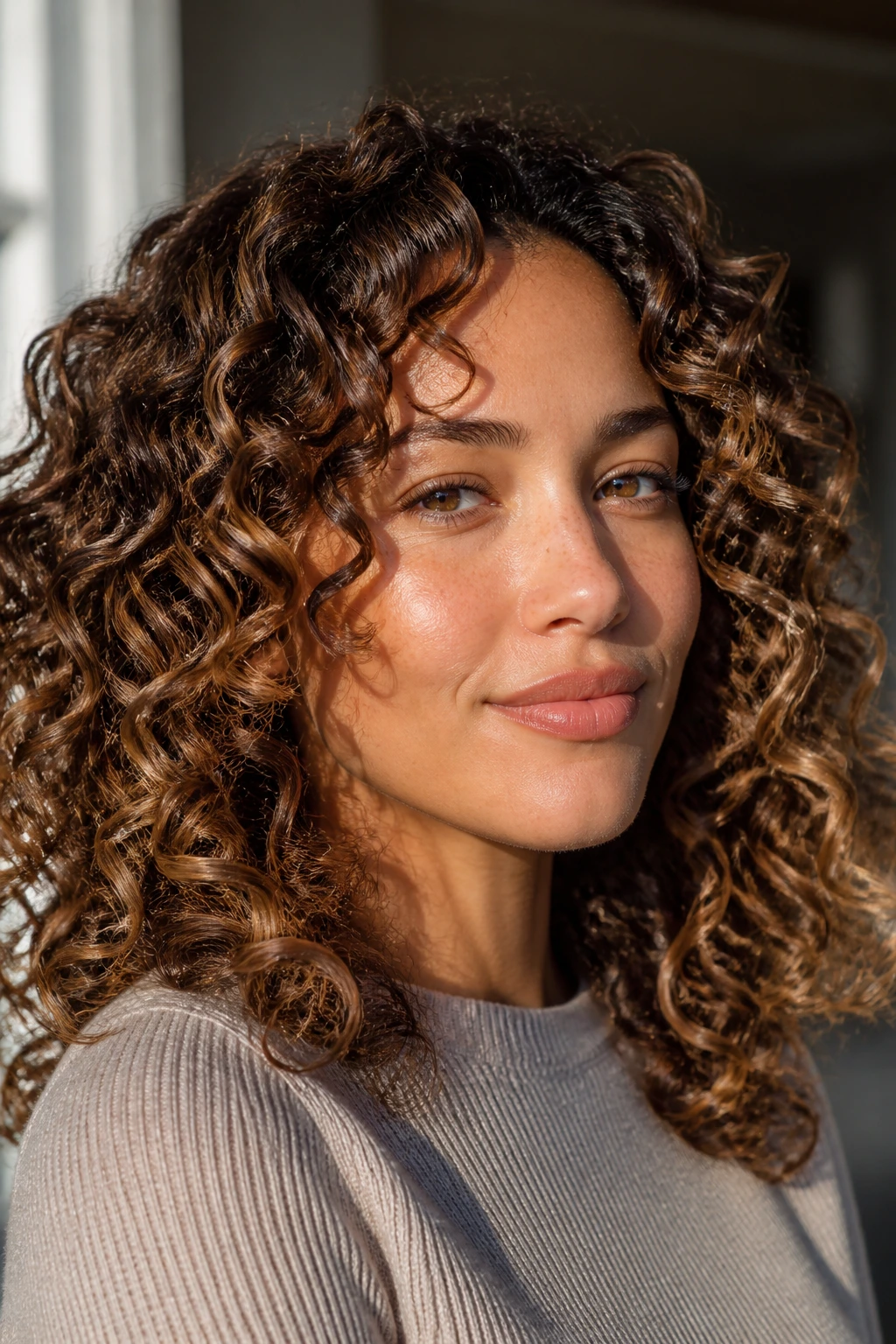 Close-up of a woman with curly hair showing lowlights and face-framing layers.