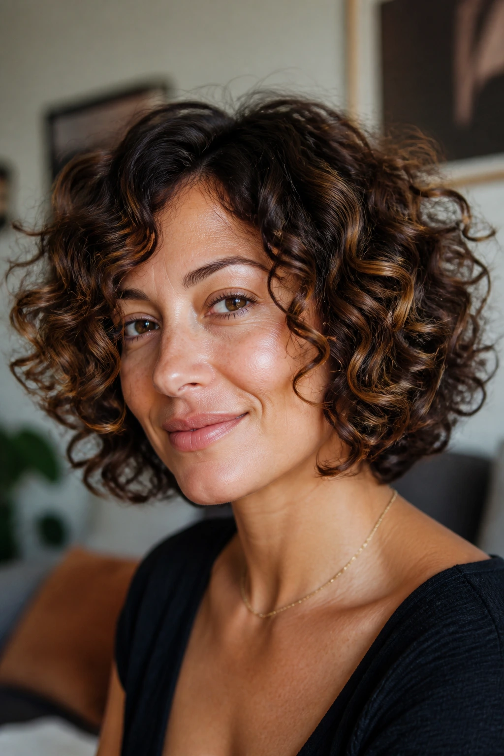 Portrait of a real person with curly bob and interior lowlights creating depth